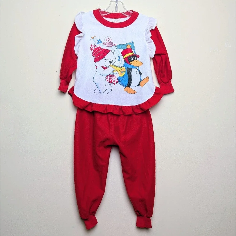 Vintage Bates-Jama Our Christmas‎ Bear 80s K-Mart 2 Piece Pajama Pant Set Size 4